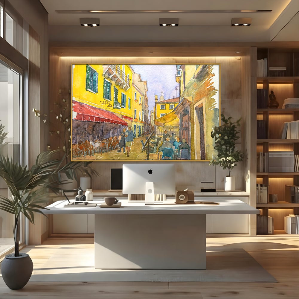Tablou canvas cu pictura acuarela strada cu terase, in rama de aluminiu auriu, pe perete intr-un birou