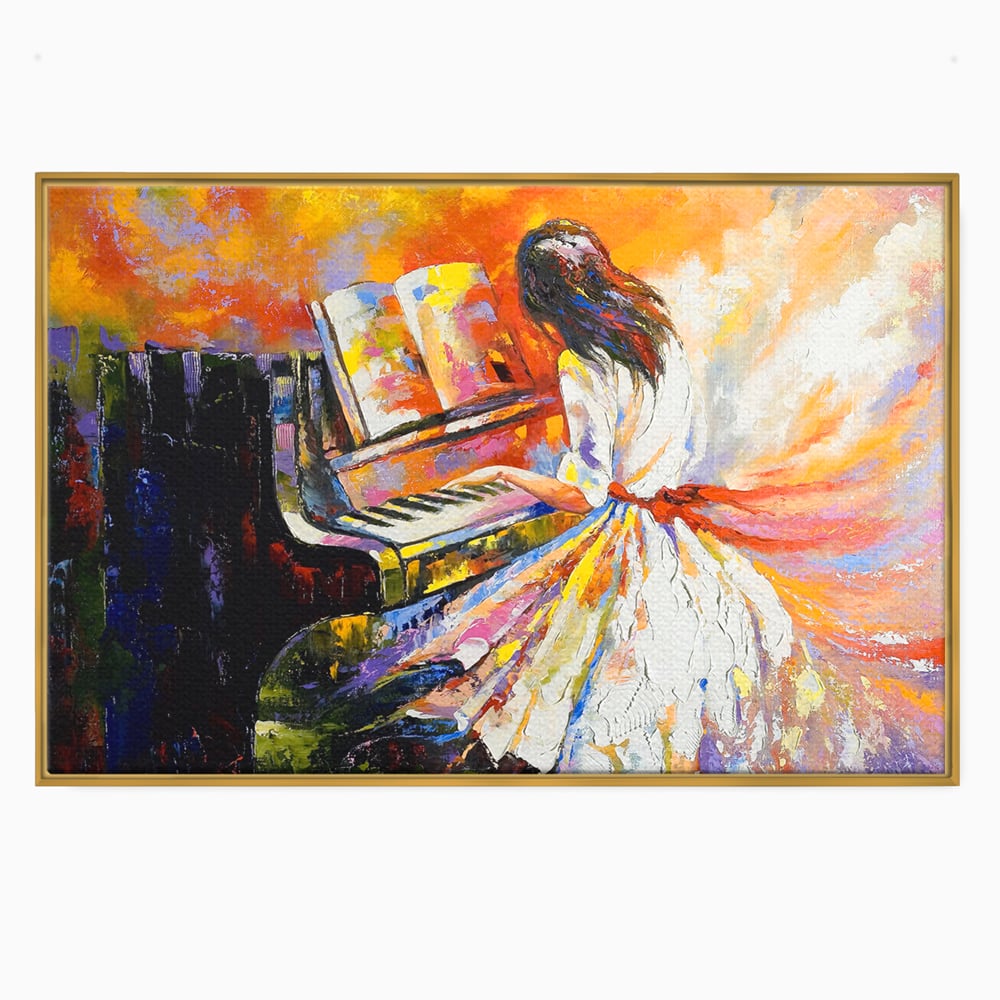 Tablou canvas cu pictura cu femeie cantand la pian, in rama de aluminiu auriu