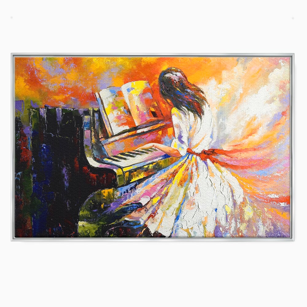 Tablou canvas cu pictura cu femeie cantand la pian, in rama de aluminiu argintiu