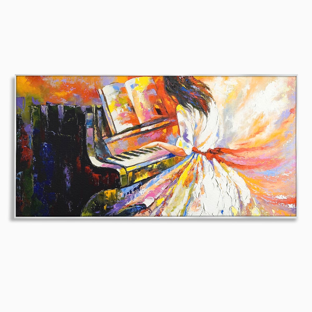 Tablou canvas cu pictura cu femeie cantand la pian, in rama de aluminiu argintiu