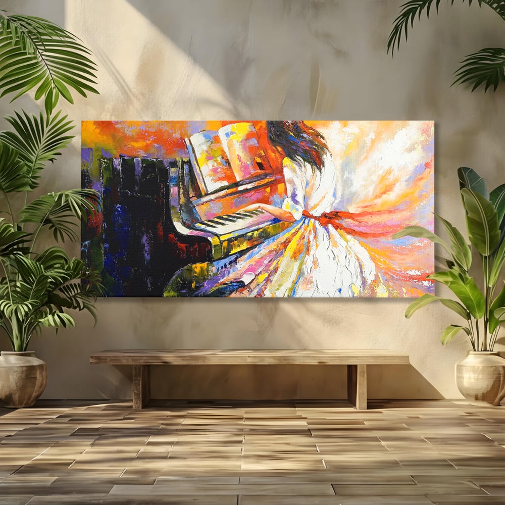 Tablou canvas cu pictura cu femeie cantand la pian, fara rama, pe sasiu de lemn
