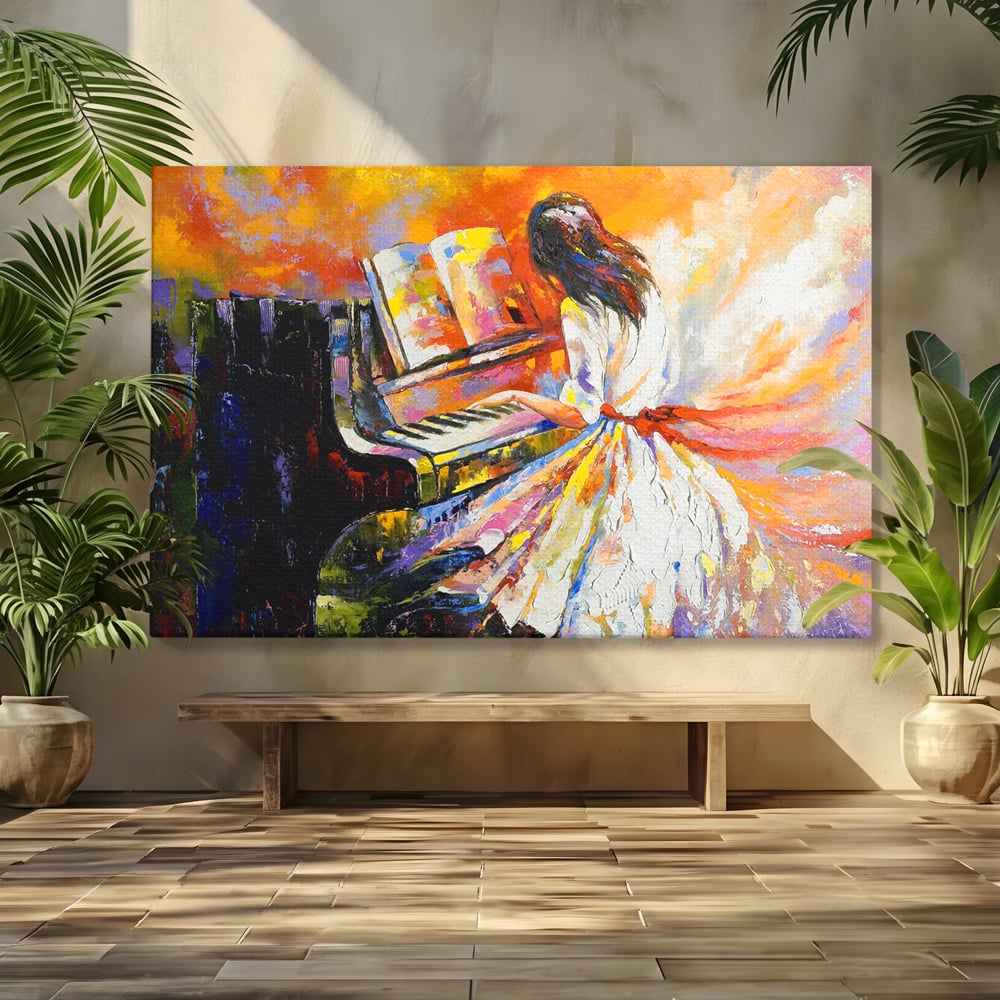 Tablou canvas cu pictura cu femeie cantand la pian, fara rama, pe sasiu de lemn
