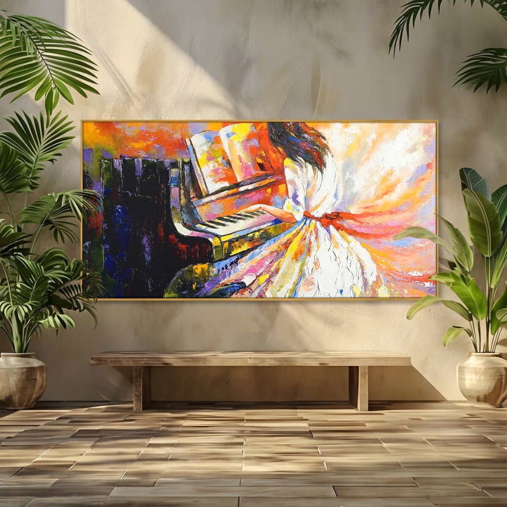 Tablou canvas cu pictura cu femeie cantand la pian, in rama de aluminiu auriu
