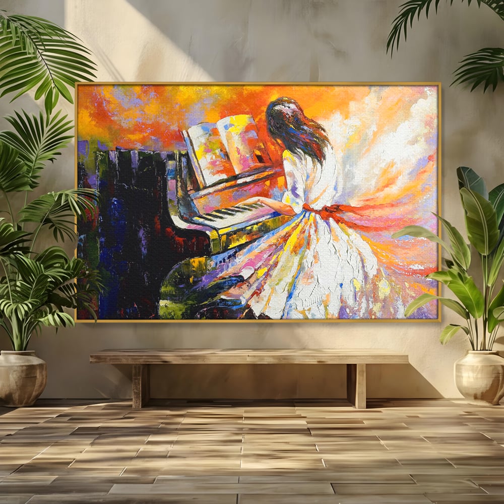 Tablou canvas cu pictura cu femeie cantand la pian, in rama de aluminiu auriu