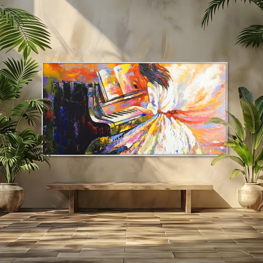 Tablou canvas cu pictura cu femeie cantand la pian, in rama de aluminiu argintiu
