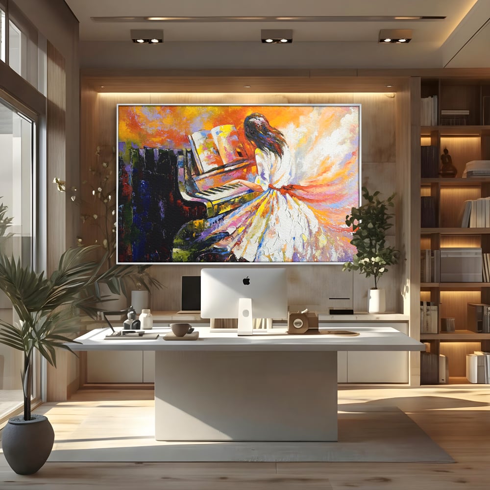 Tablou canvas cu pictura cu femeie cantand la pian, in rama de aluminiu argintiu, pe perete intr-un birou