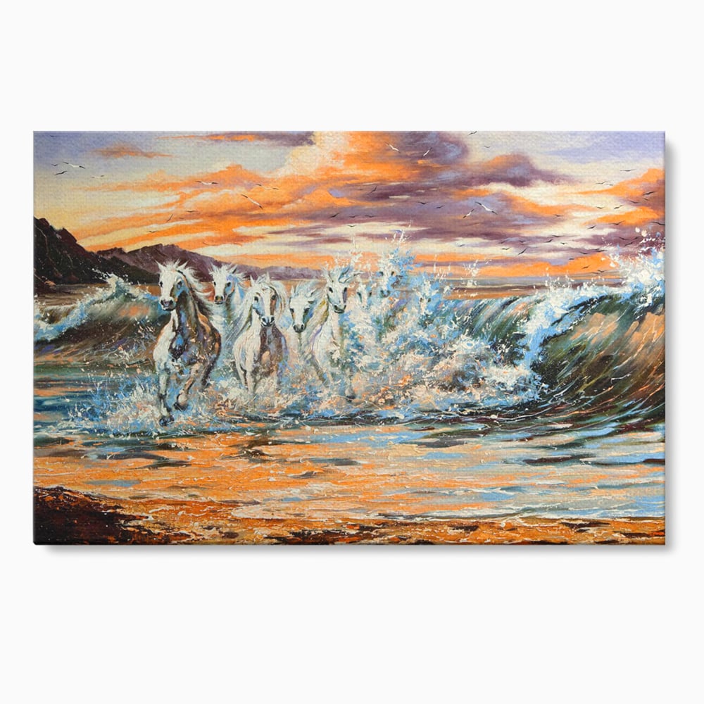 Tablou canvas cu tablou canvas cu cai galopand in valuri, fara rama, pe sasiu de lemn