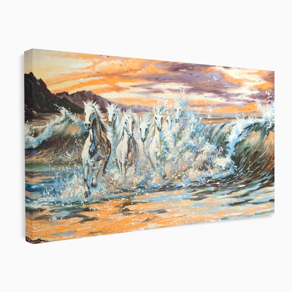 Tablou canvas cu tablou canvas cu cai galopand in valuri, fara rama, pe sasiu de lemn