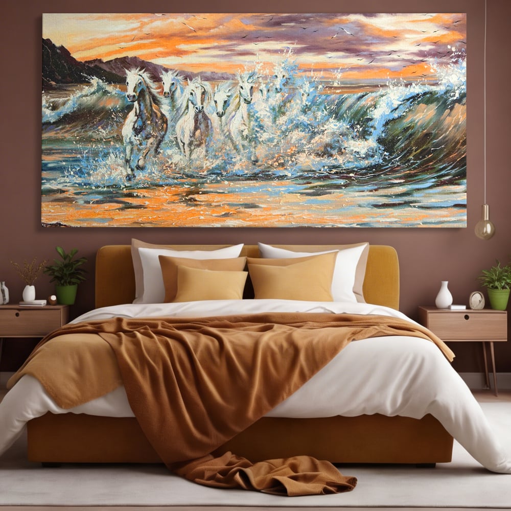 Tablou canvas cu tablou canvas cu cai galopand in valuri, fara rama, pe sasiu de lemn, pe perete intr-un dormitor