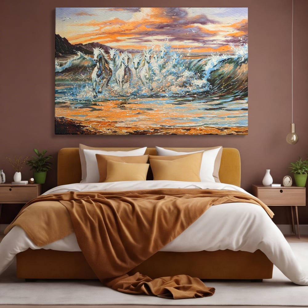 Tablou canvas cu tablou canvas cu cai galopand in valuri, fara rama, pe sasiu de lemn, pe perete intr-un dormitor