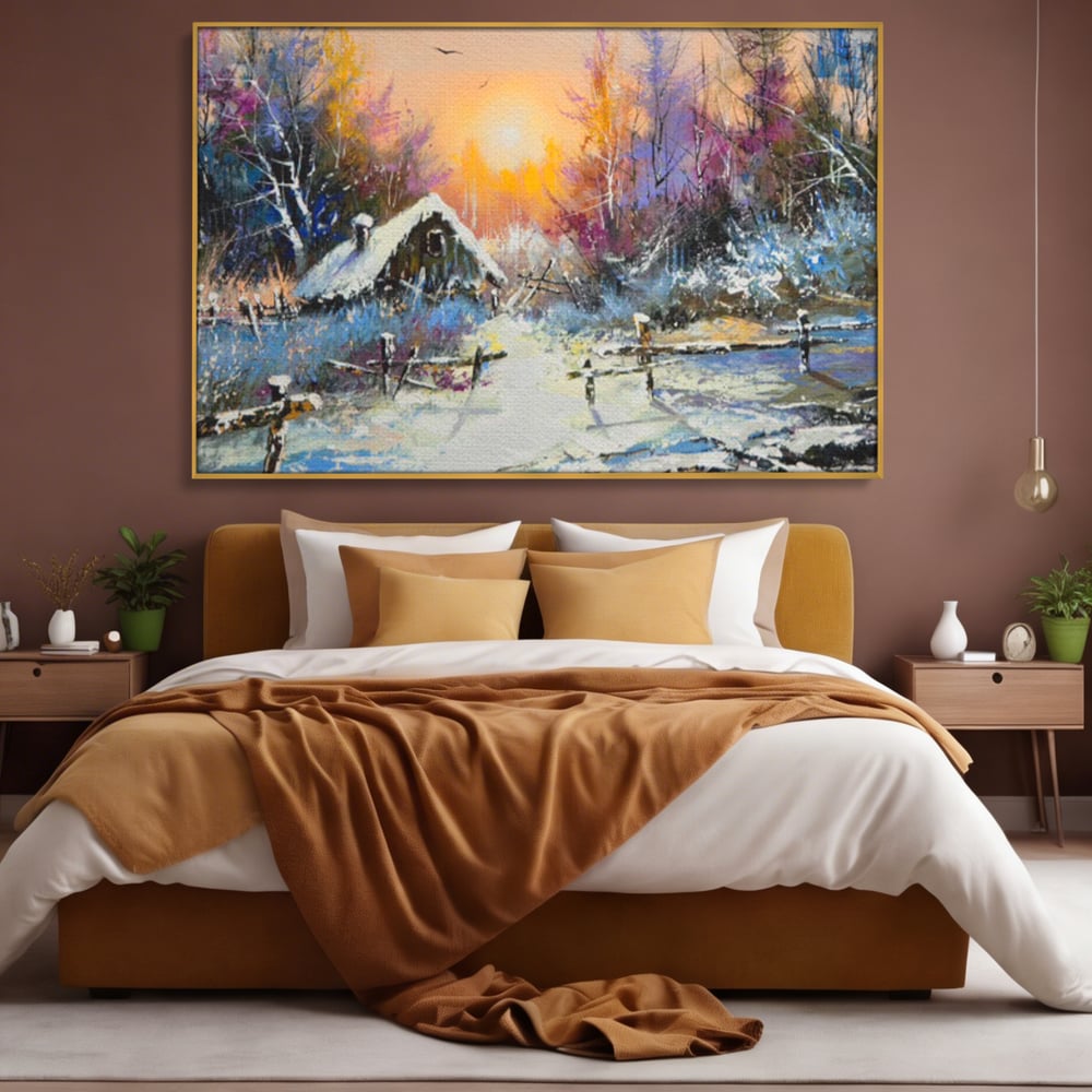 Tablou canvas cu tablou canvas cu peisaj de iarna, in rama de aluminiu auriu, pe perete intr-un dormitor