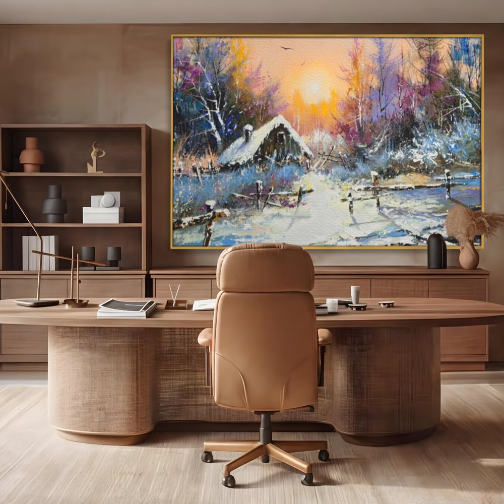 Tablou canvas cu tablou canvas cu peisaj de iarna, in rama de aluminiu auriu, pe perete intr-un birou