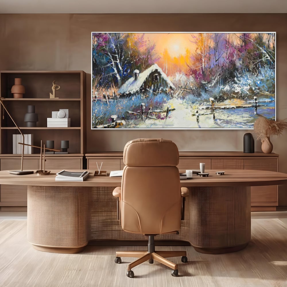 Tablou canvas cu tablou canvas cu peisaj de iarna, in rama de aluminiu argintiu, pe perete intr-un birou