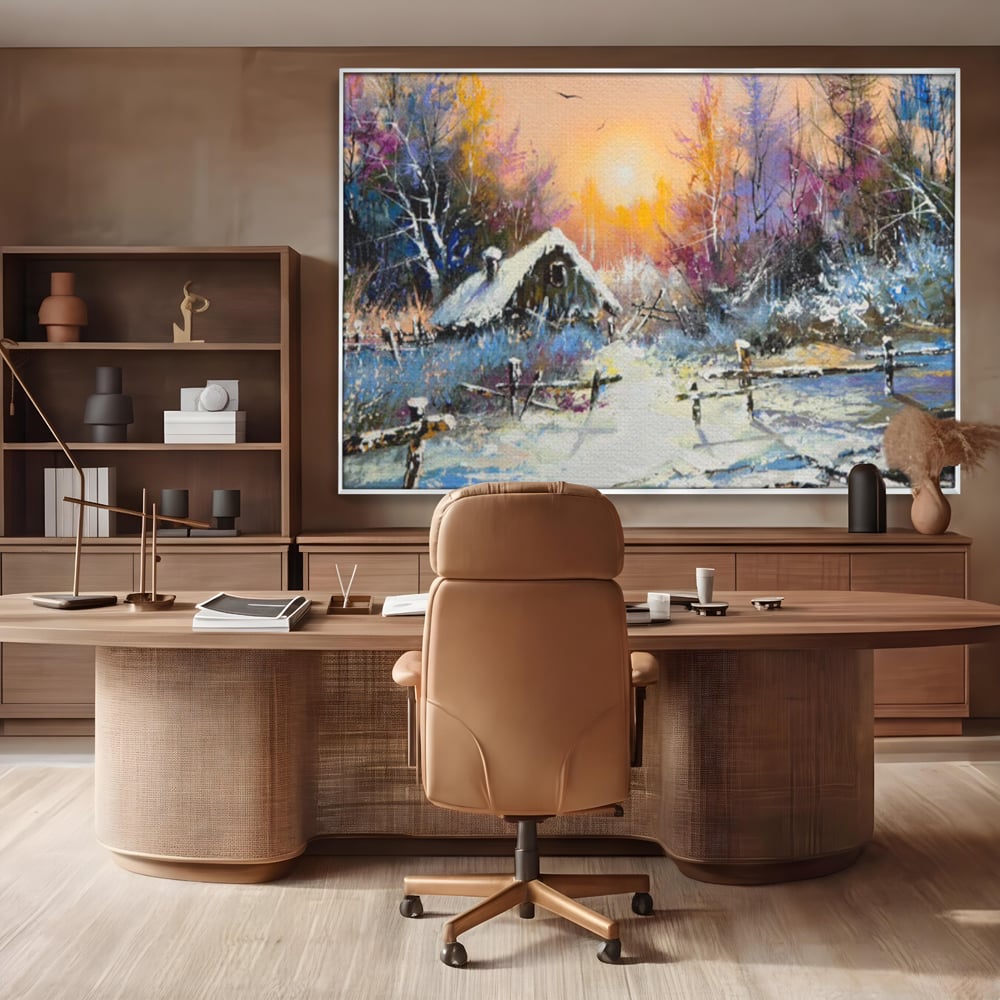 Tablou canvas cu tablou canvas cu peisaj de iarna, in rama de aluminiu argintiu, pe perete intr-un birou