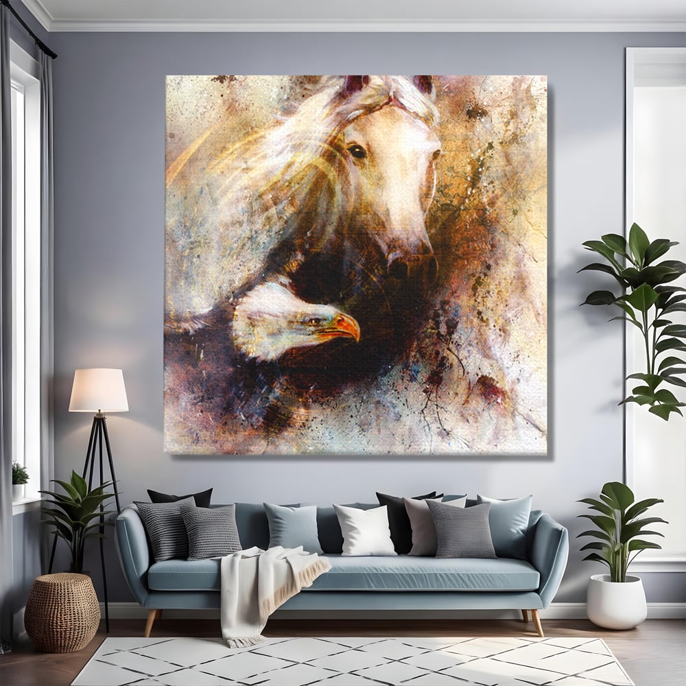 Tablou canvas cu tablou pictura cu cal si vultur, fara rama, pe sasiu de lemn, pe perete intr-un living