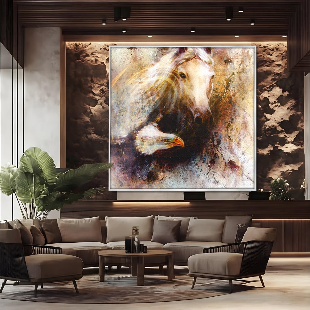 Tablou canvas cu tablou pictura cu cal si vultur, in rama de aluminiu argintiu, pe perete intr-un birou