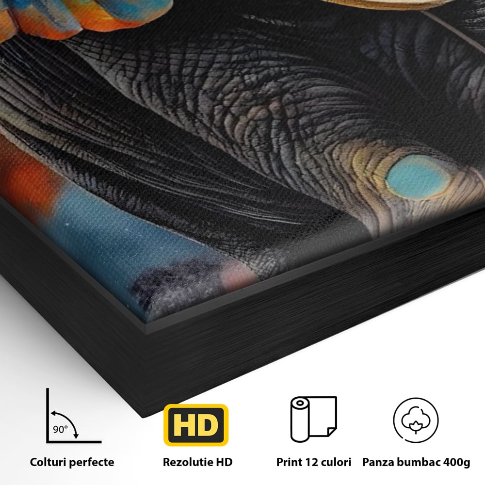 Detaliu al suprafetei: tablou canvas cu elefant colorat si luna, in rama de aluminiu negru