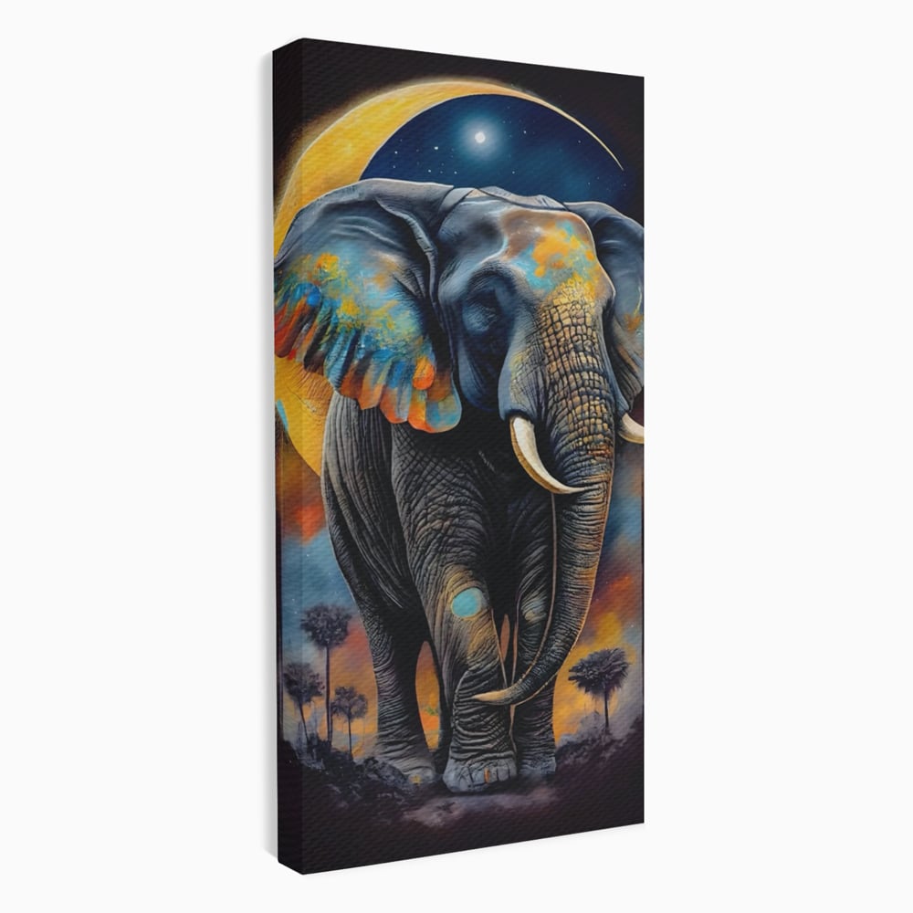 Tablou canvas cu tablou canvas cu elefant colorat si luna, fara rama, pe sasiu de lemn