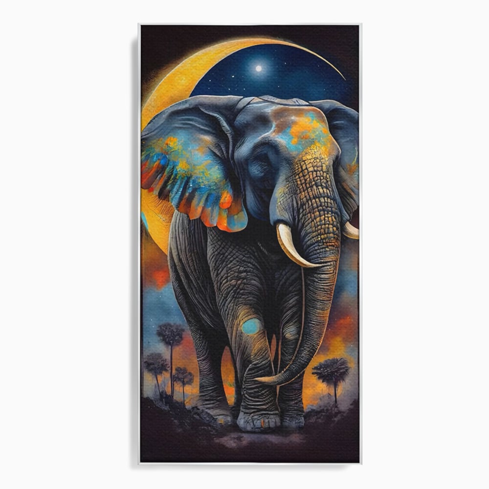 Tablou canvas cu tablou canvas cu elefant colorat si luna, in rama de aluminiu argintiu