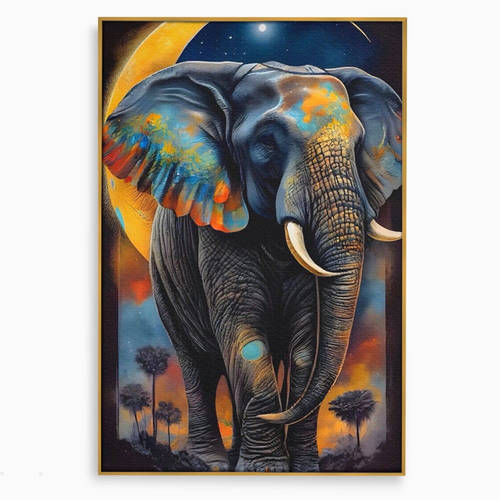 Tablou canvas cu tablou canvas cu elefant colorat si luna, in rama de aluminiu auriu
