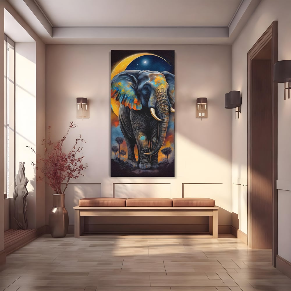 Tablou canvas cu tablou canvas cu elefant colorat si luna, fara rama, pe sasiu de lemn