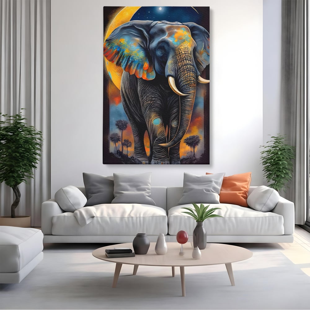 Tablou canvas cu tablou canvas cu elefant colorat si luna, fara rama, pe sasiu de lemn, pe perete intr-un living