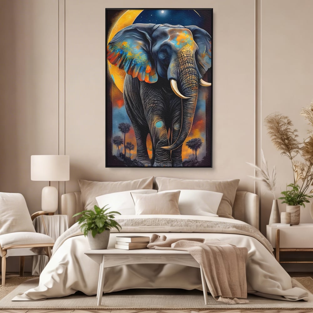 Tablou canvas cu tablou canvas cu elefant colorat si luna, in rama de aluminiu negru, pe perete intr-un dormitor