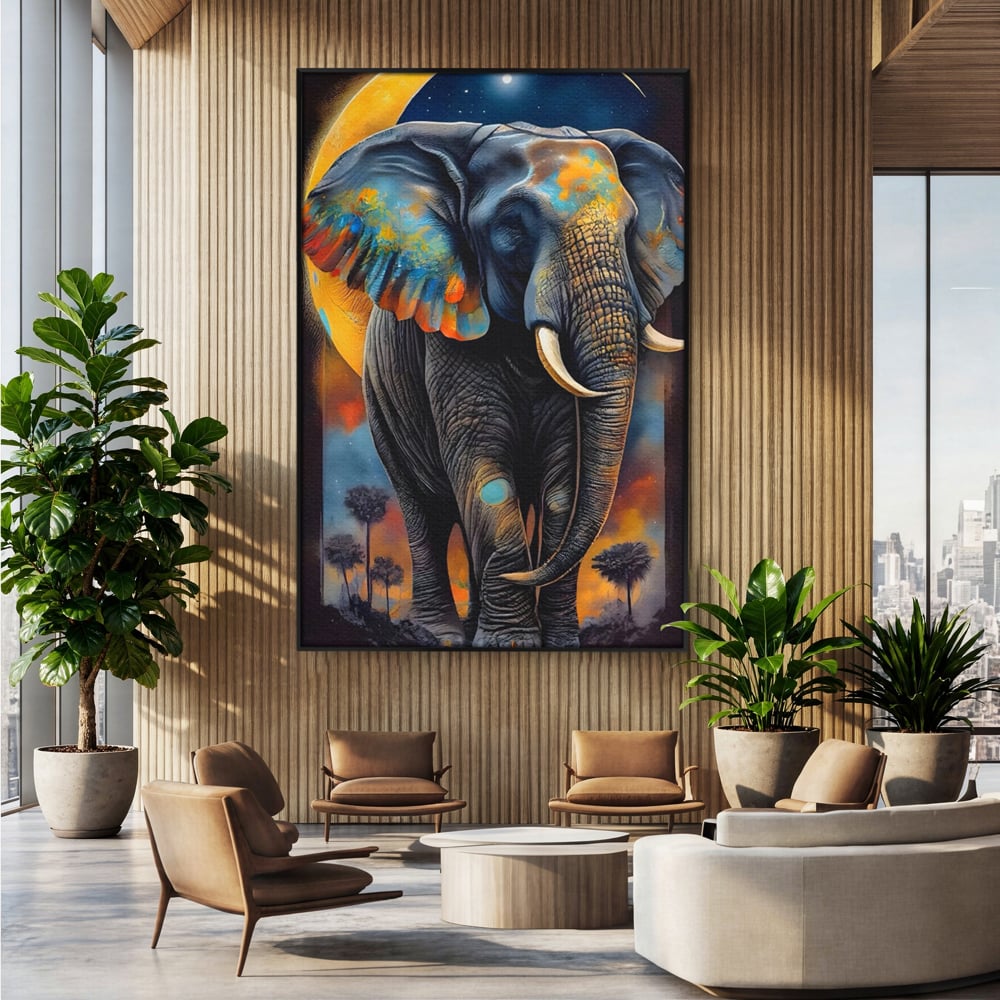 Tablou canvas cu tablou canvas cu elefant colorat si luna, in rama de aluminiu negru, pe perete intr-un birou
