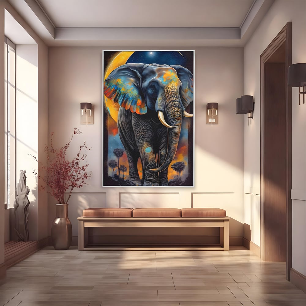 Tablou canvas cu tablou canvas cu elefant colorat si luna, in rama de aluminiu argintiu