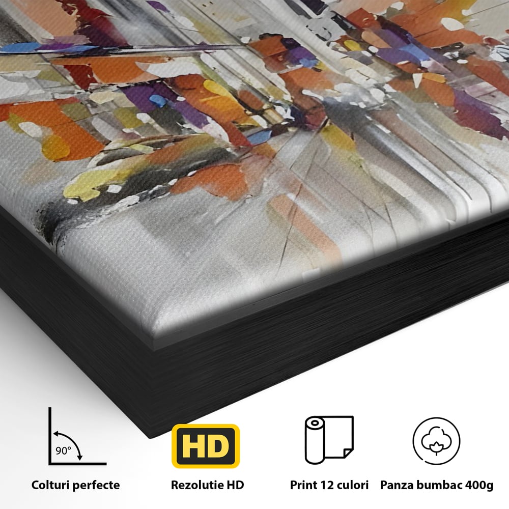 Detaliu al suprafetei: pictura abstracta cu peisaj urban, in rama de aluminiu negru