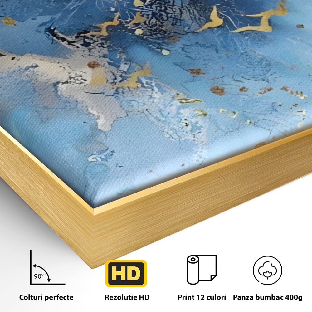 Detaliu al suprafetei: tablou abstract cu pasari aurii, in rama de aluminiu auriu
