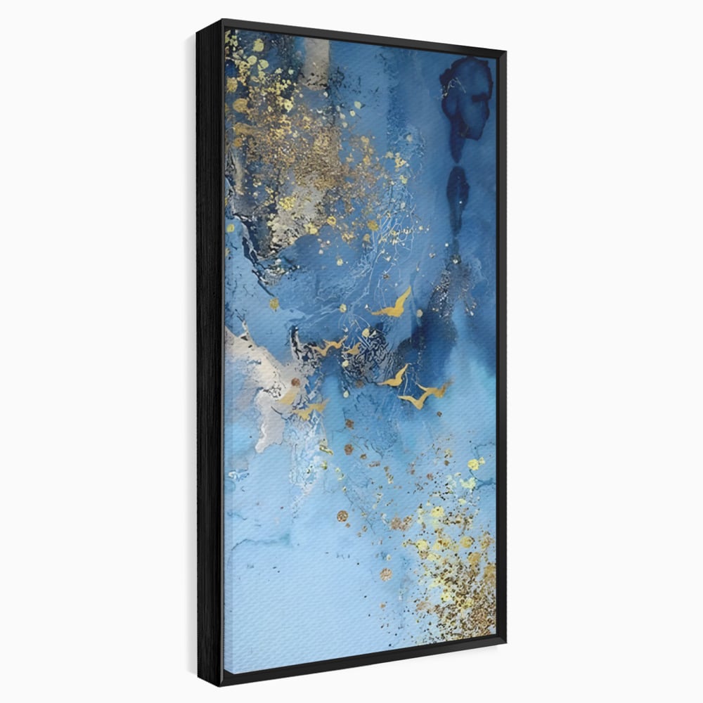 Tablou canvas cu tablou abstract cu pasari aurii, in rama de aluminiu negru