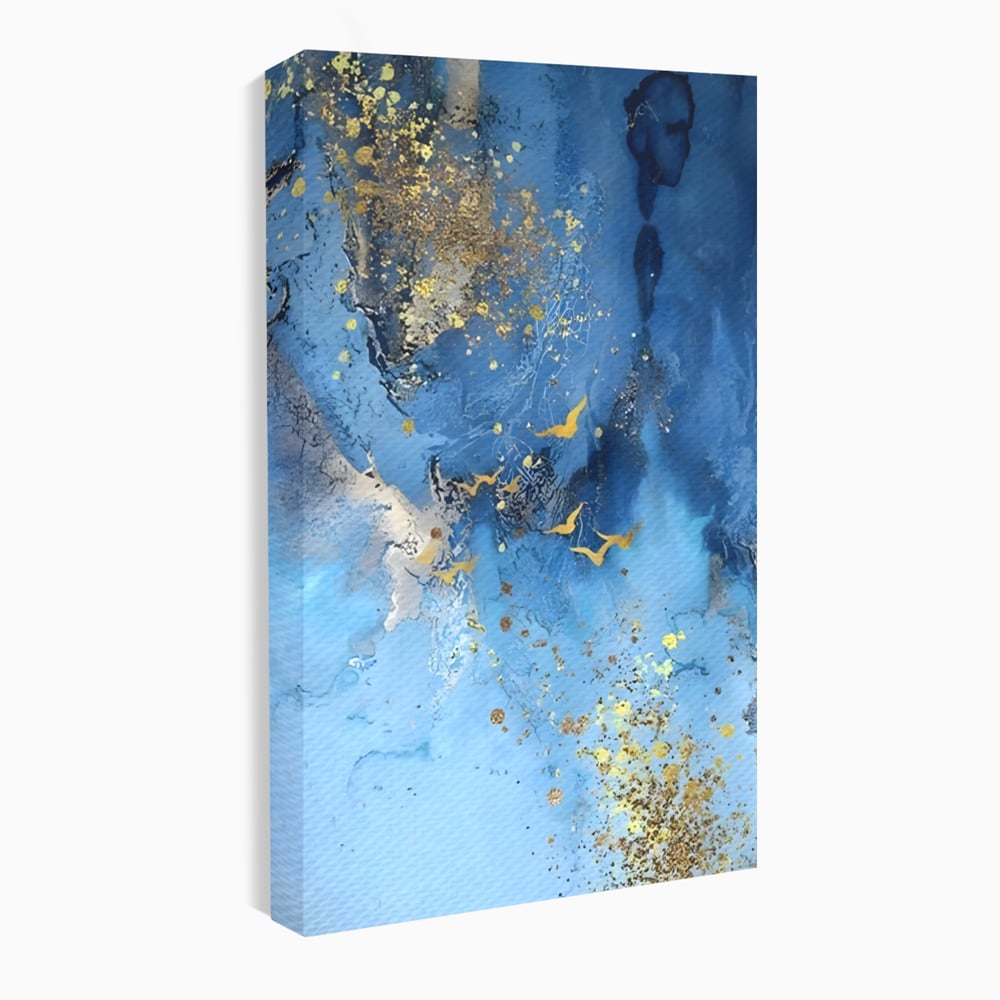 Tablou canvas cu tablou abstract cu pasari aurii, fara rama, pe sasiu de lemn