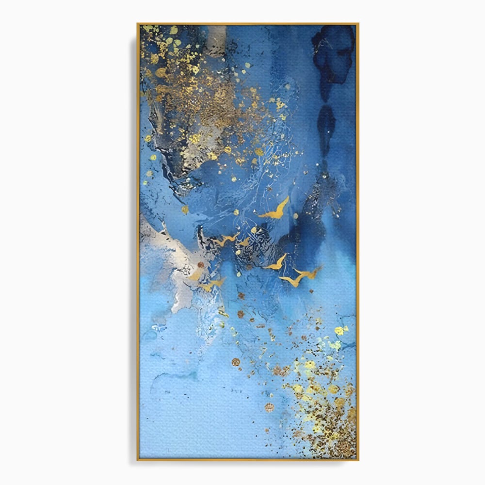 Tablou canvas cu tablou abstract cu pasari aurii, in rama de aluminiu auriu
