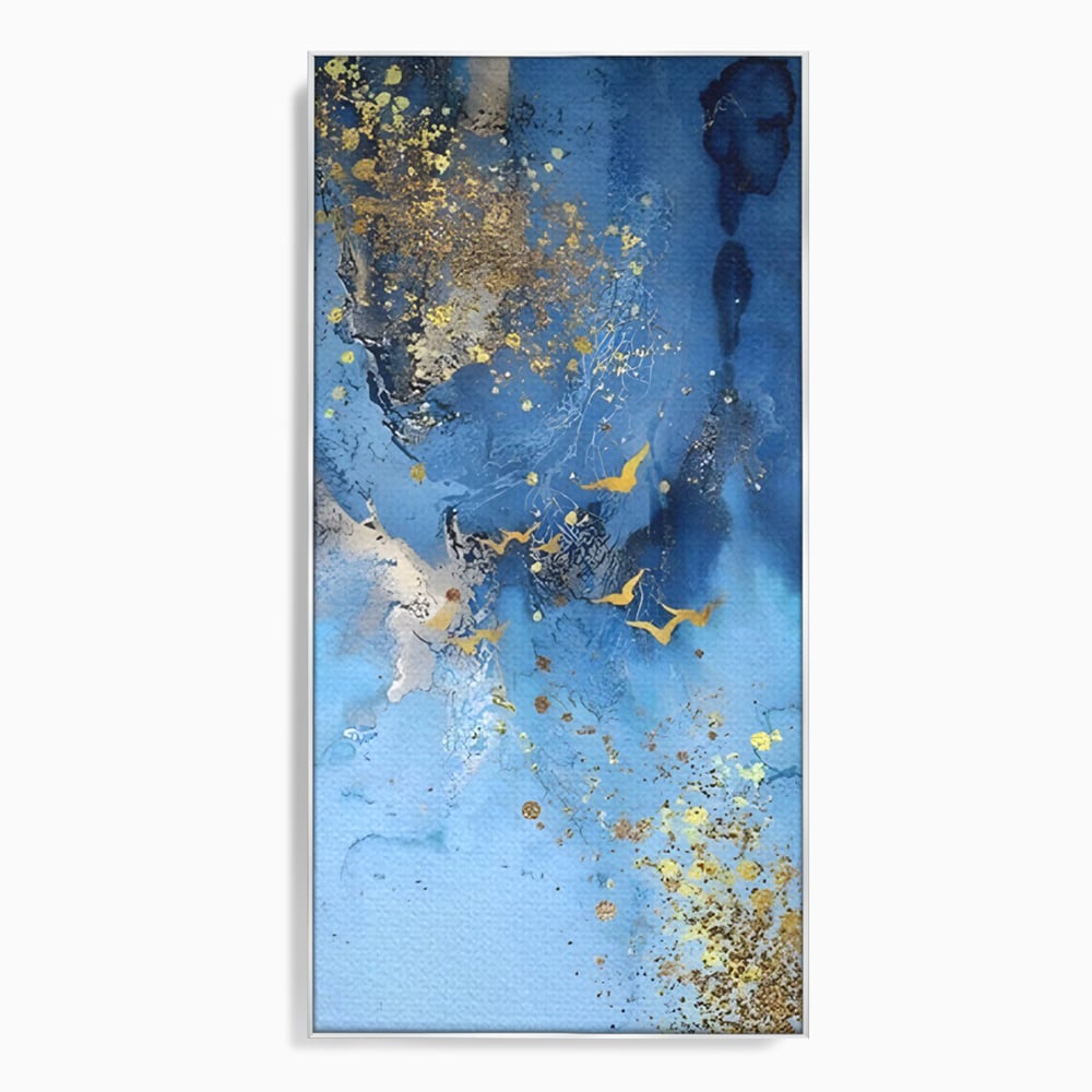 Tablou canvas cu tablou abstract cu pasari aurii, in rama de aluminiu argintiu