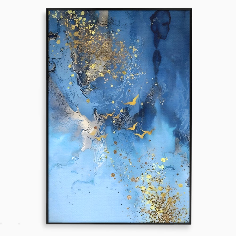 Tablou canvas cu tablou abstract cu pasari aurii, in rama de aluminiu negru