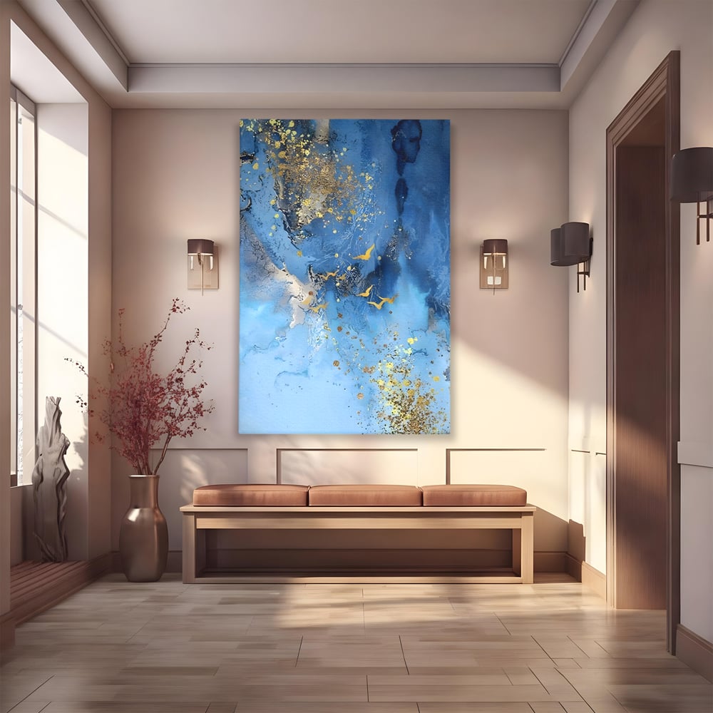 Tablou canvas cu tablou abstract cu pasari aurii, fara rama, pe sasiu de lemn