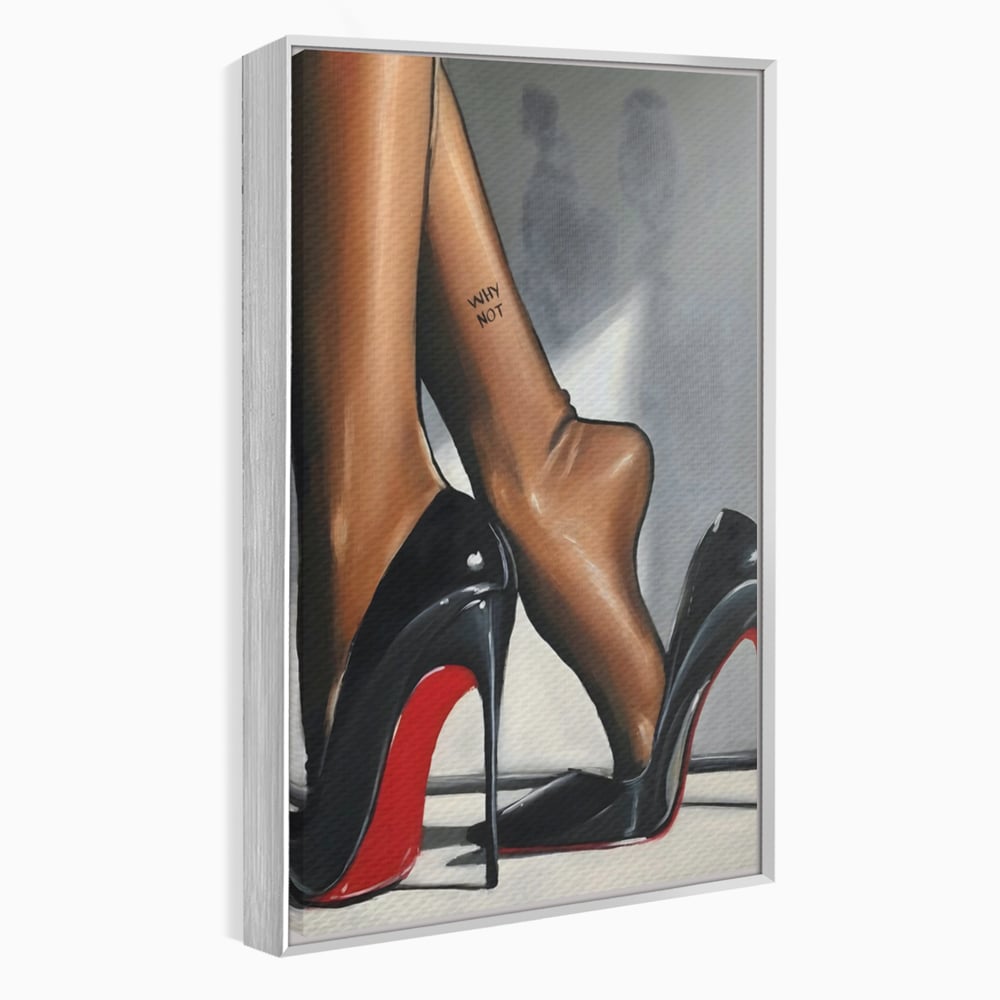 Tablou canvas cu ilustratie cu picioare si pantofi eleganti, in rama de aluminiu argintiu