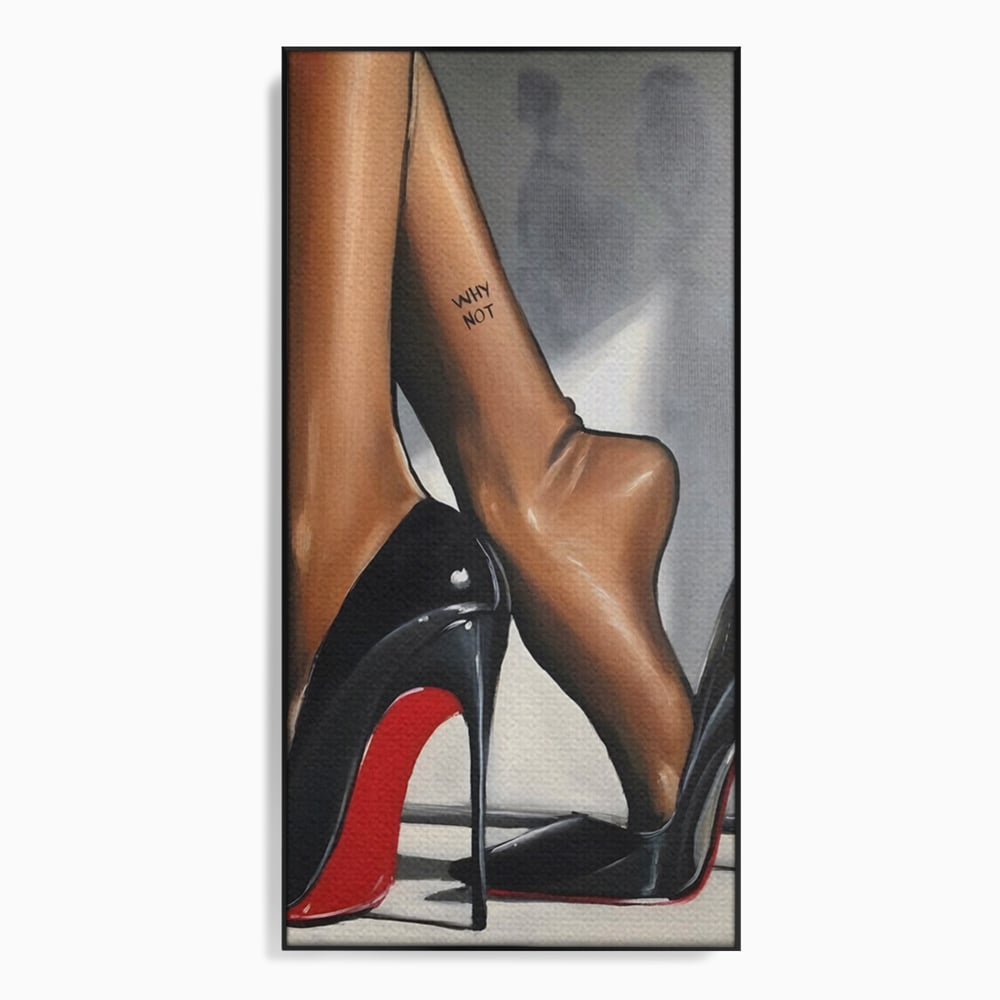 Tablou canvas cu ilustratie cu picioare si pantofi eleganti, in rama de aluminiu negru