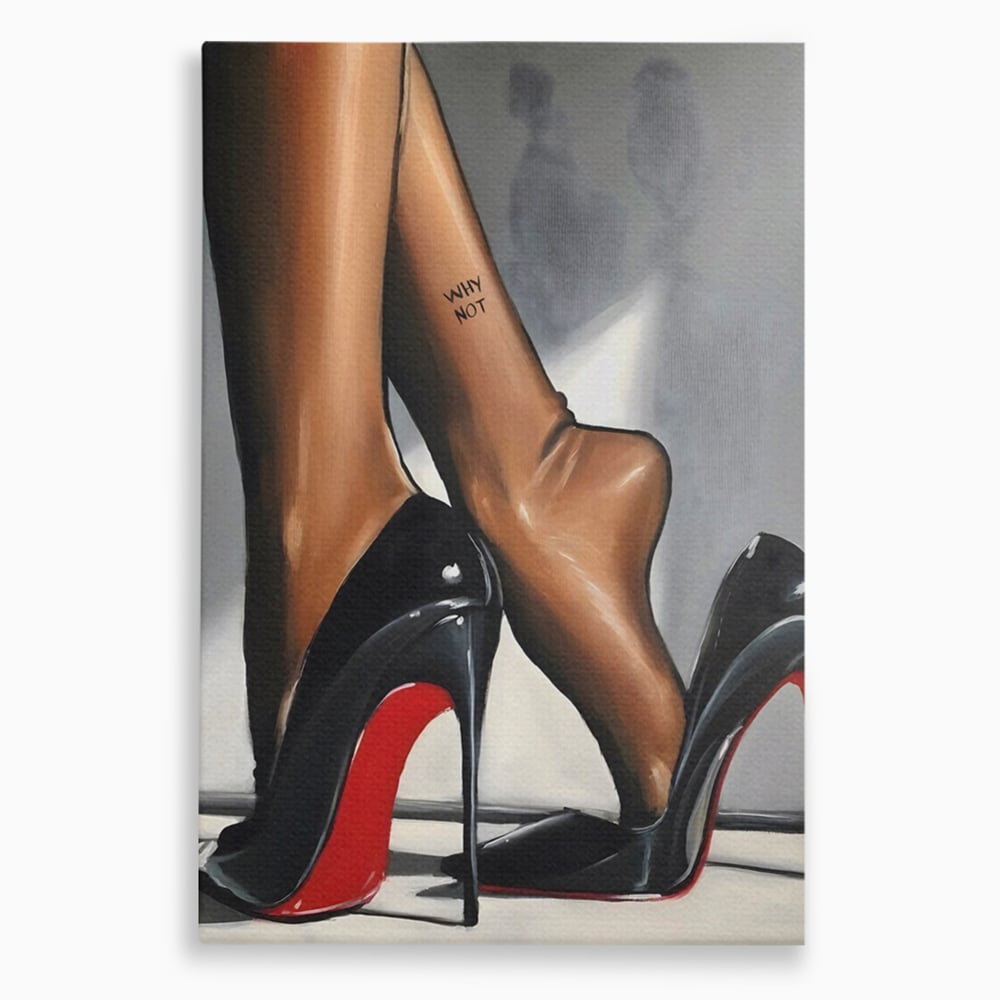 Tablou canvas cu ilustratie cu picioare si pantofi eleganti, fara rama, pe sasiu de lemn