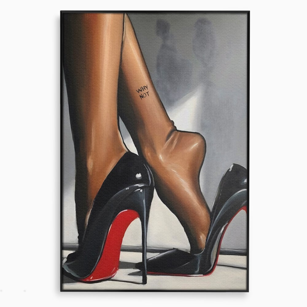 Tablou canvas cu ilustratie cu picioare si pantofi eleganti, in rama de aluminiu negru