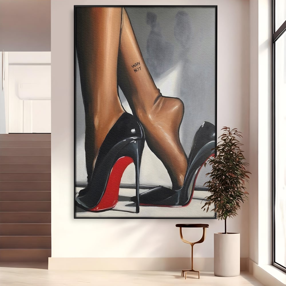 Tablou canvas cu ilustratie cu picioare si pantofi eleganti, in rama de aluminiu negru