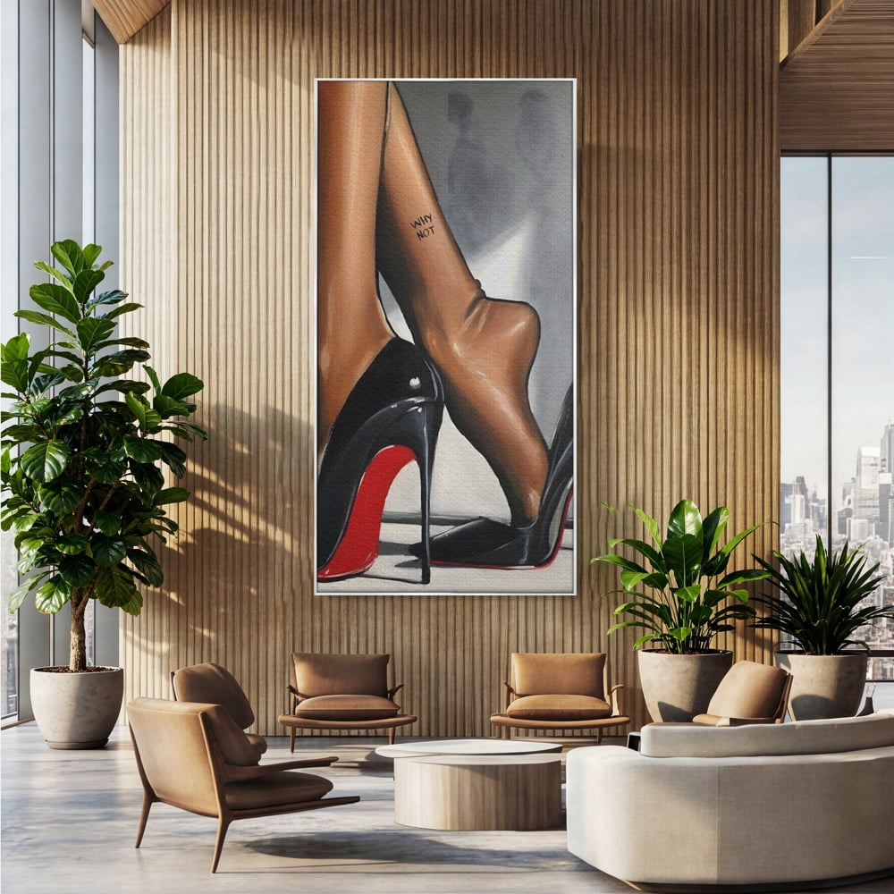 Tablou canvas cu ilustratie cu picioare si pantofi eleganti, in rama de aluminiu argintiu, pe perete intr-un birou