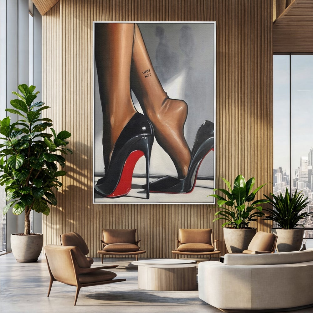 Tablou canvas cu ilustratie cu picioare si pantofi eleganti, in rama de aluminiu argintiu, pe perete intr-un birou