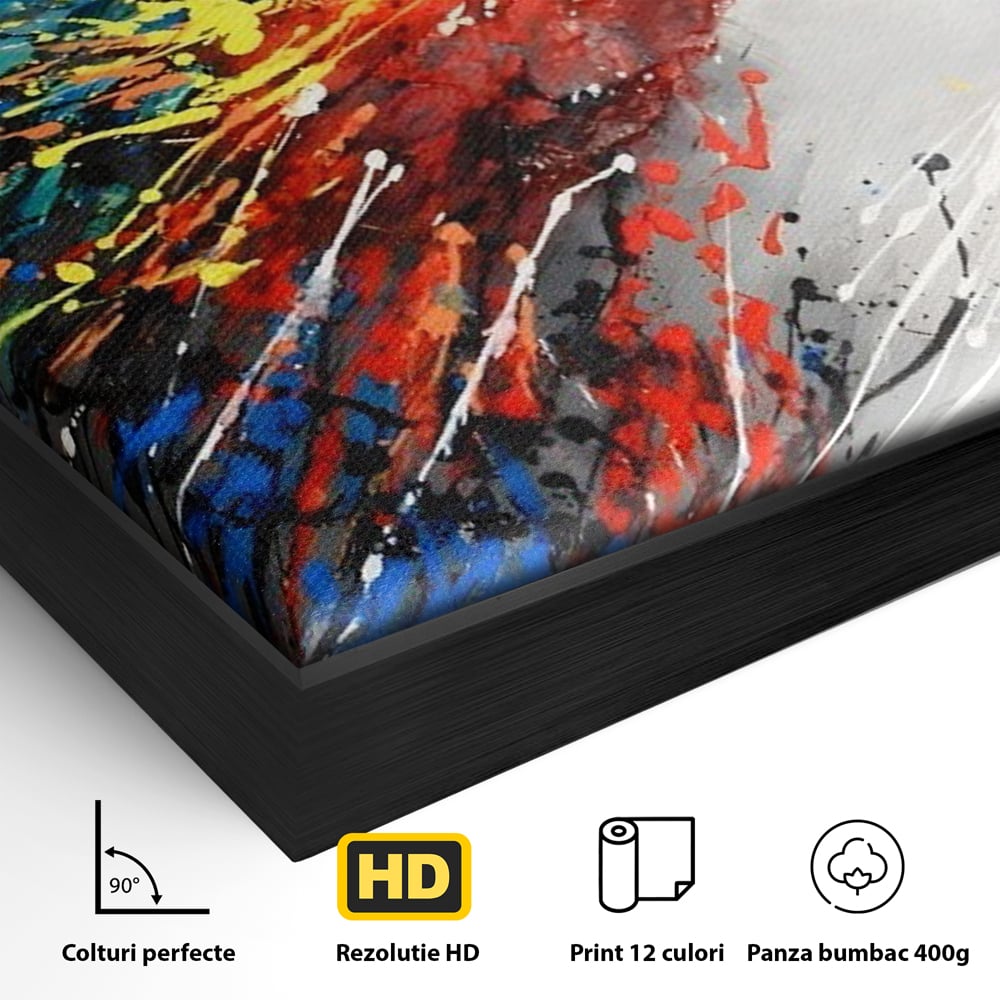 Detaliu al suprafetei: tablou canvas cu papagal colorat, in rama de aluminiu negru
