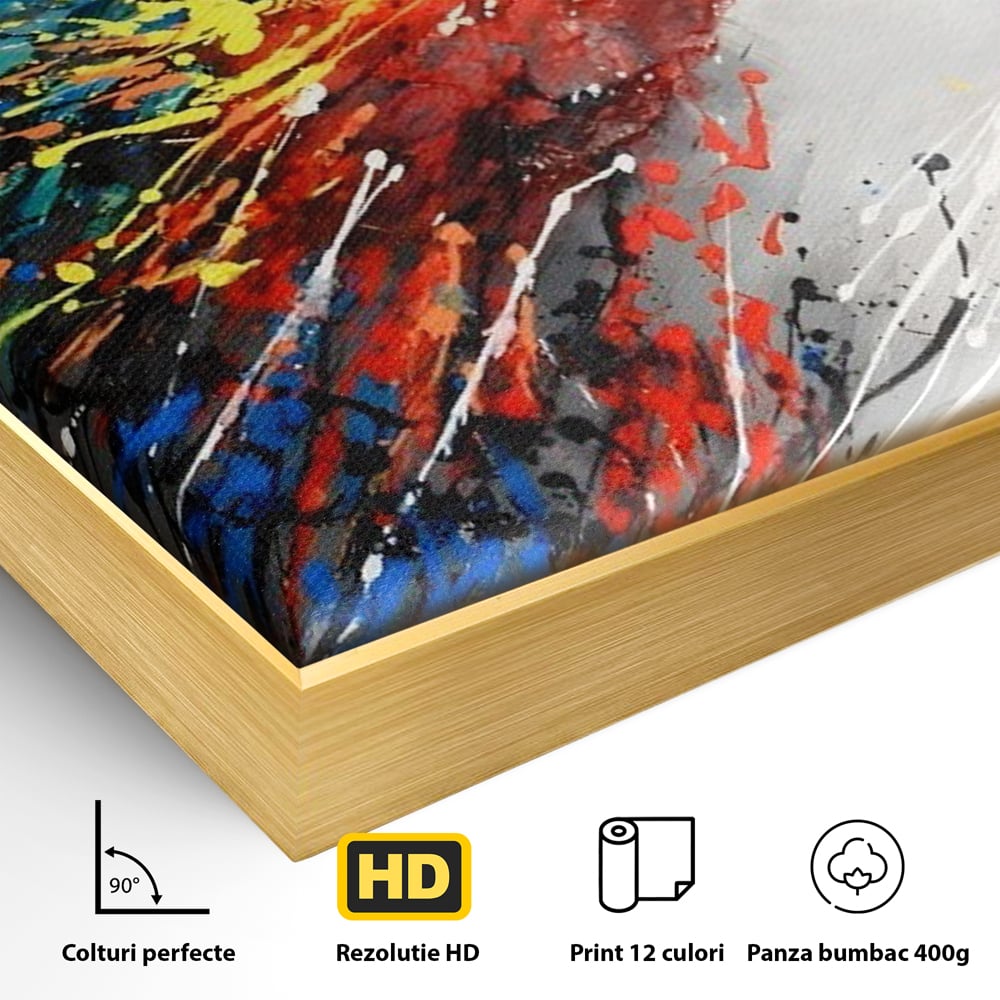 Detaliu al suprafetei: tablou canvas cu papagal colorat, in rama de aluminiu auriu