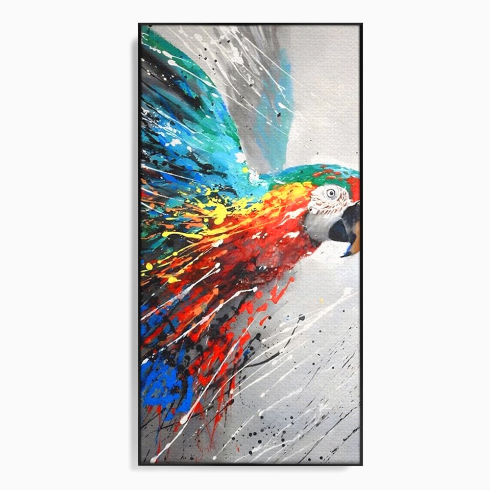 Tablou canvas cu tablou canvas cu papagal colorat, in rama de aluminiu negru