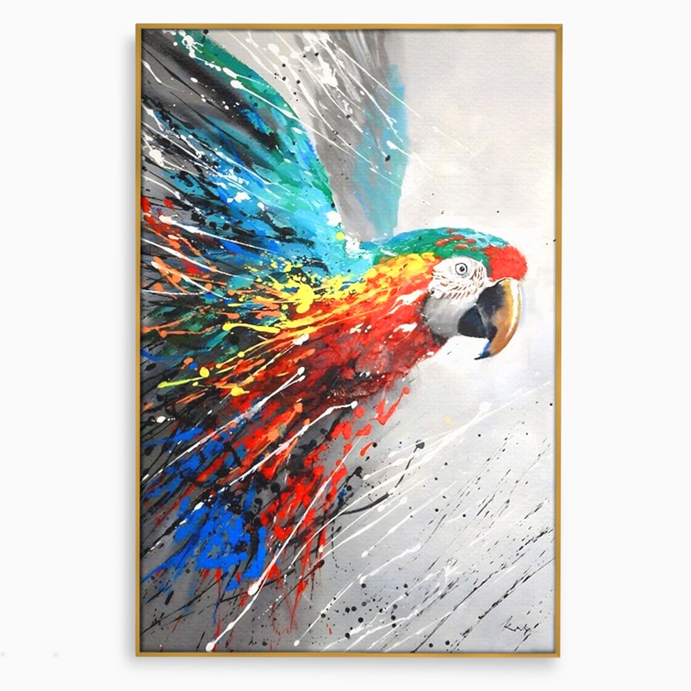 Tablou canvas cu tablou canvas cu papagal colorat, in rama de aluminiu auriu
