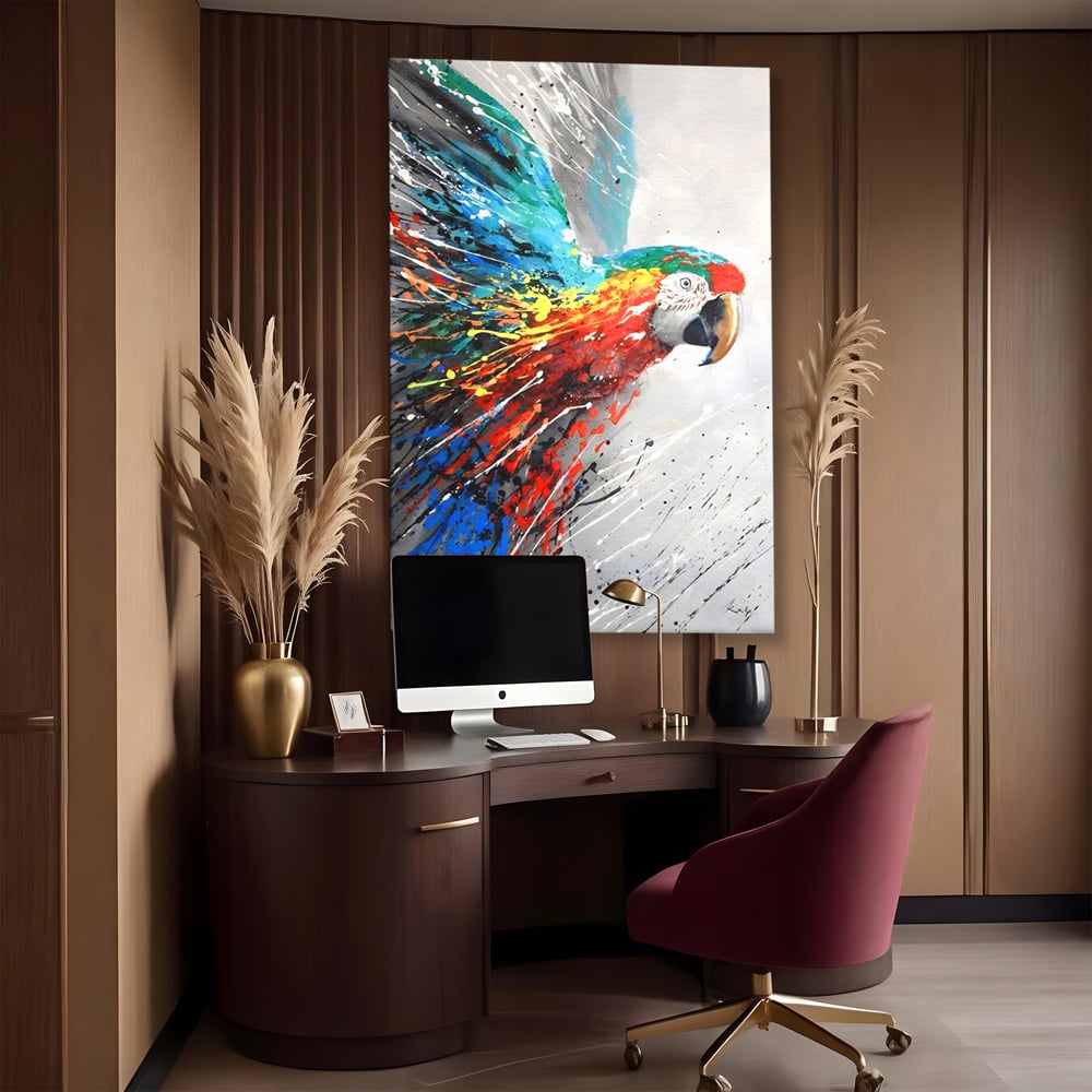Tablou canvas cu tablou canvas cu papagal colorat, fara rama, pe sasiu de lemn, pe perete intr-un birou