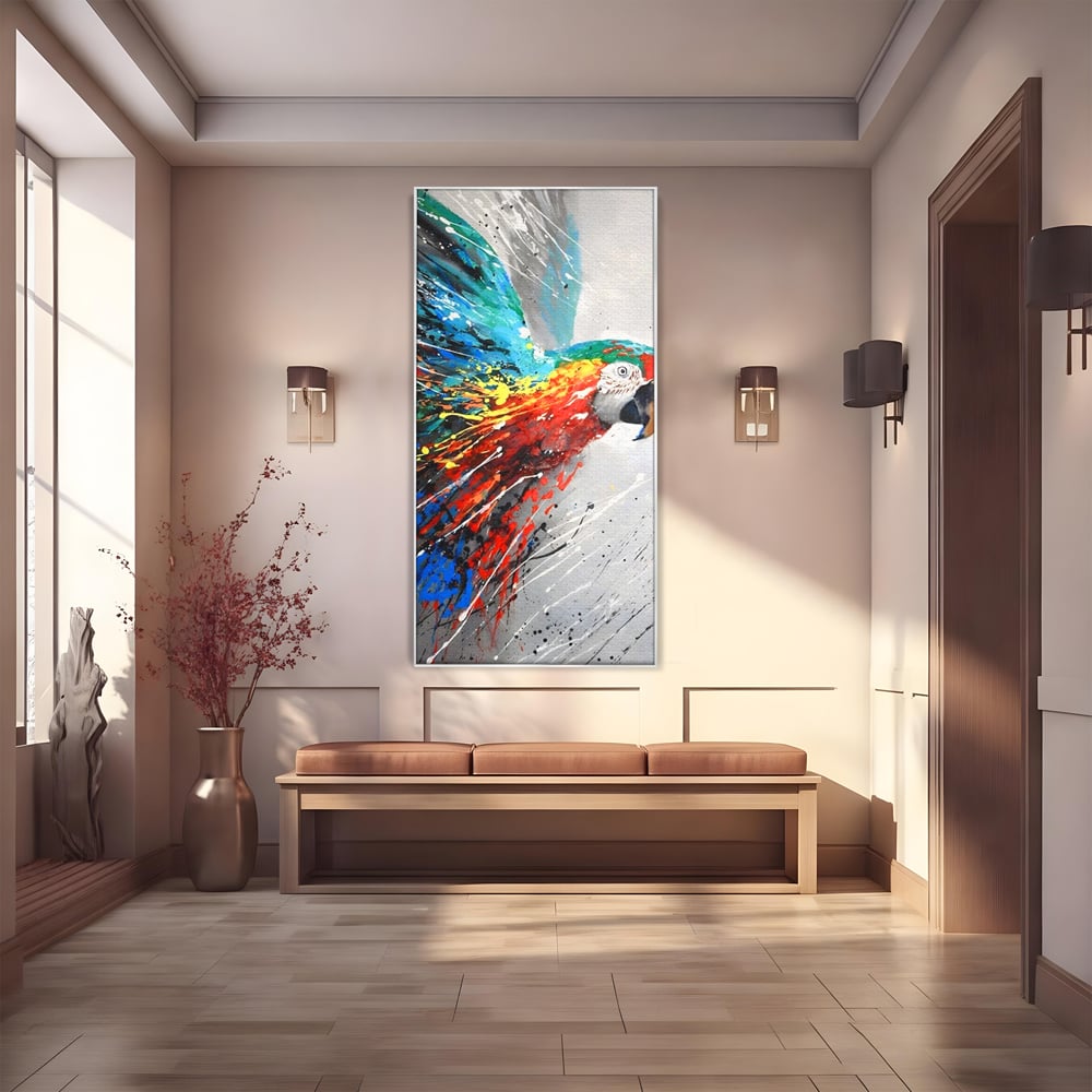 Tablou canvas cu tablou canvas cu papagal colorat, in rama de aluminiu argintiu